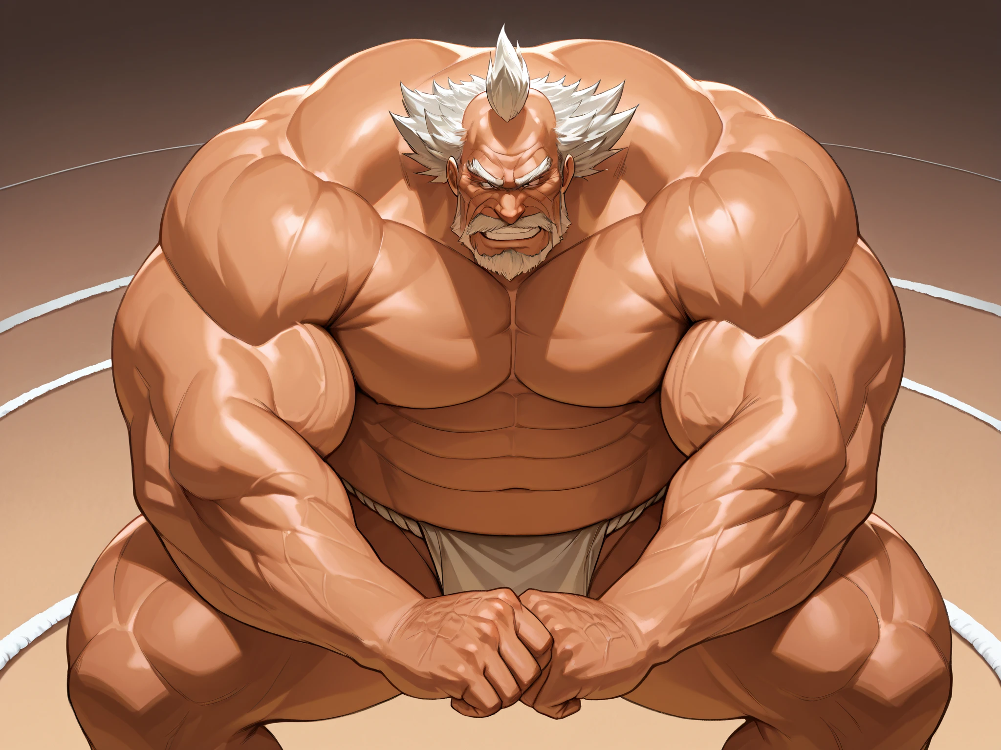solo, 1boy, perfect anatomy, ground view, wrinkles skin, low shoot, down view, perfect proportion, thick body, thick thighs, sharp eyes, big eyes, smile, perfect fingers, big hand, fingers. Huge Muscular Old man with short hair, karate uniform, knees, in the dojo,(karate uniform), view from side, pectoral, thick arms, huge pectoral, wide pectoral, white hair, white beards, masterpiece, semirealistic:1.2, high detailed, 8k, high resolution, perfect center, full view. ((really big muscle, massive muscular, sixpack, thick arms, wide pectoral, super huge muscle, hyper muscular, over sized muscle, huge arms, big arms, huge pectoral))