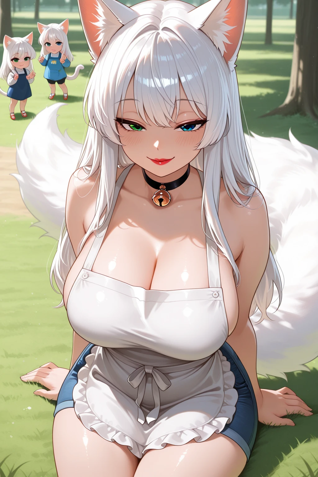 masterpiece, best quality, outdoors, field, grass, forest,
1girl, solo, looking at viewer, cowboy shot, white hair, silver hair, blue eyes, animal ears, fox ears, shirt, white shirt, collarbone, short sleeves, t-shirt, off shoulder, oversized shirt, naked shirt, oversized clothes, hands on own chest, large breasts, huge breasts,
<lora:Concept_Oversized:1>, <lora:Shinano_LoRA:0.7>