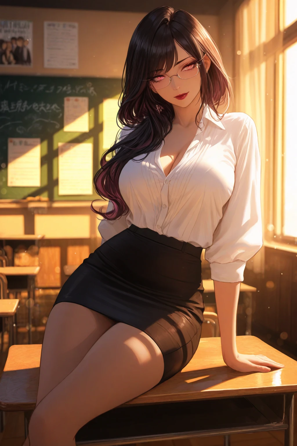 Hosiery,Student clothing,Huge breasts,Duck sitting on legs,The lower body has only pink panties
