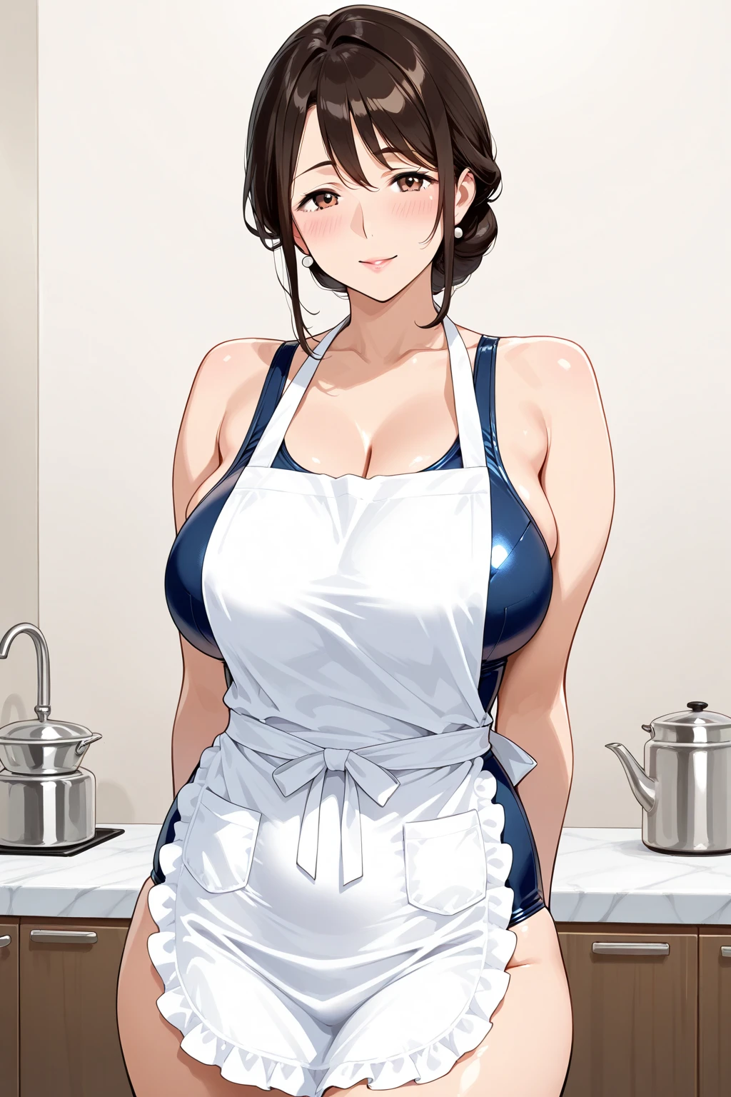 1girl, solo, brown hair, mature woman, large breasts, thighs, tall, (naked:1.2), apron, smiling, (blushing:1.1), kitchen
