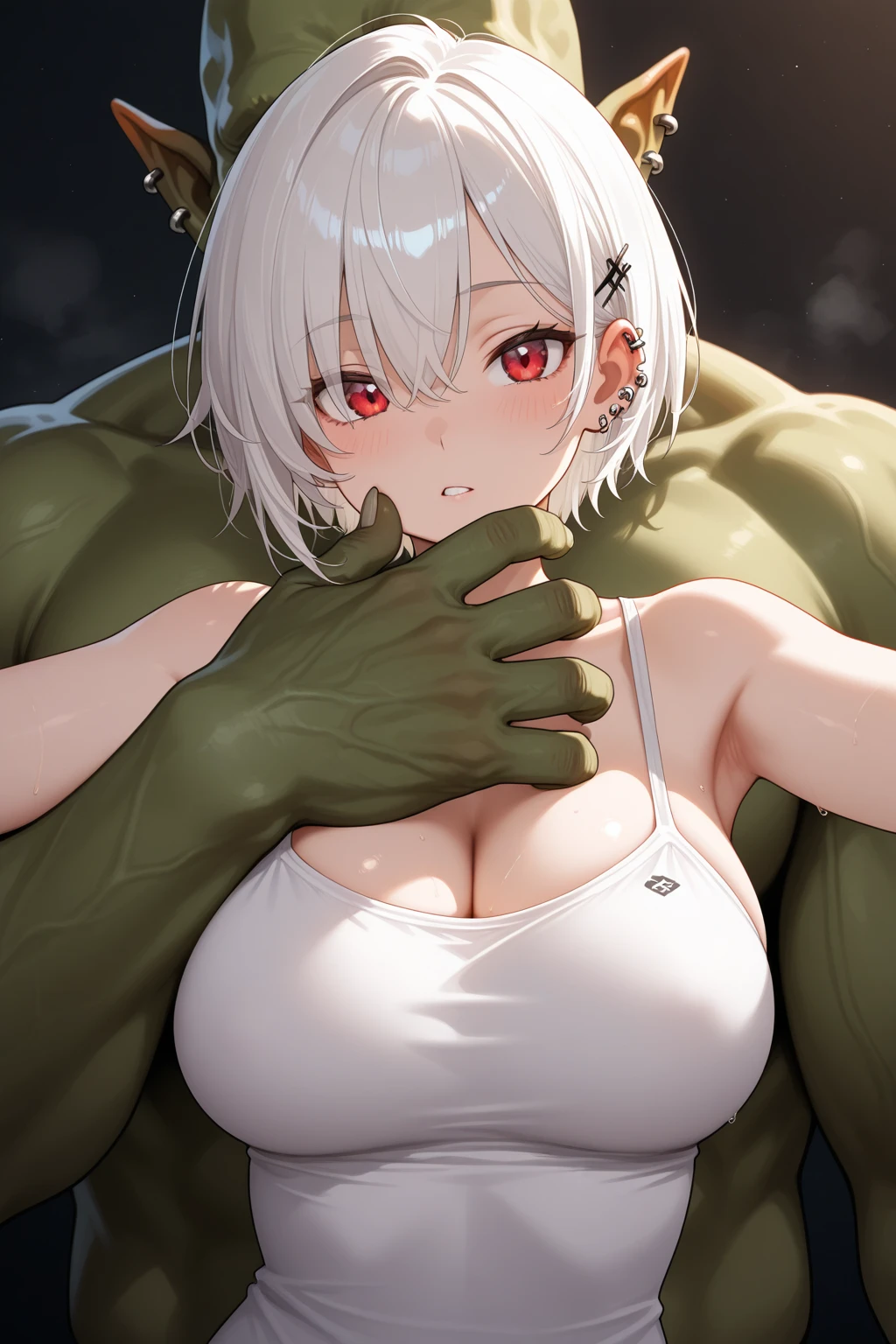 (Darkness in the cinema、Ultra-precision CG:1.2、Professional-looking light source、amazing shading、(darkness、Dynamic Angle)、I want to prevent the collapse of the human body、Perfect limbs、face perfect、perfect arms、accurate fingers)、(masutepiece:1.2), (Best Quality:1.2), (Extremely detailed:1.2),((1girl in、maturefemale、Narrow-eyed、Slender eyes、sexy eye、Sad face、regrettable、embarrassed from、shinny skin、red blush、(((Shirogane Noel、French Blade、(Green eyes:1.5、Silvery hair、Middle hair))、waved hair))),(top-quality, 8K, 12), huge-breasted, the perfect body, ultra detail face,(masterpiece)), ((Top image quality)), (The ultra-detailliert), ((Shibari:1.2、Big 、Stomping on the chest、well-formed chest、asymmetrical breasts、heterosexuality)), 4K, top-quality, (Beautiful fece),((World-class quality)), (Detail Shading Pretty Face), ((droopy chest))), (Dark Dungeon:1.5)、((middlebreasts:1.2、(beutiful breast:1.2、Detailed 、large areola、Beautiful areola、nudde、toppless、bottom less、perfect bodies、Collar with chain)))、((Oaksol、green skin、grease、Fat Man、Big :1.2、((Random sex、Rough sex、gang-rape))、ssex、SEX、and、 srestrained, Black Band、Chained, Oaksol))、 Deep penetration,Perspective, zoomed in, multiple boy, prisoner, masutepiece, Best Quality, Highly detailed、(Multiple Man Orcs、heterosexuality、Woman having sex with orc、Woman sucking an orc penis 、thick penises 、Venous penis、Woman holding an orc penis between her breasts、Oak is lifting a woman's breast、Orc is grabbing a woman's chest、thick white liquid dripping from women's things, 、irrumatio、Wet、cum overflow、cum on the body、Random angles coming soon、(An oak grabs a woman's hair from behind、Grabbed by the hair)