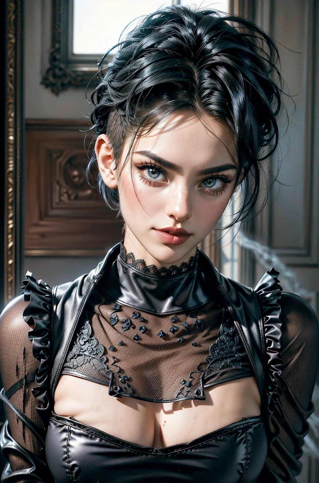 A mesmerizing masterpiece capturing a photorealistic portrayal of a woman with black hair cascading around her face. Her piercing blue eyes, subtly blurred yet captivating, draw the viewer's gaze with an intensity reminiscent of "The Matrix." She gazes directly at the viewer, exuding confidence and intrigue. The lighting is expertly crafted, casting beautiful shadows and highlighting her features with professional precision. The background is softly blurred, emphasizing her presence while maintaining a sense of depth. The portrait exudes a sense of realism, with meticulous attention to detail, including the texture of her short hair and the subtle nuances of her parted lips. The image showcases a film grain effect, adding an artistic touch and enhancing the overall atmosphere