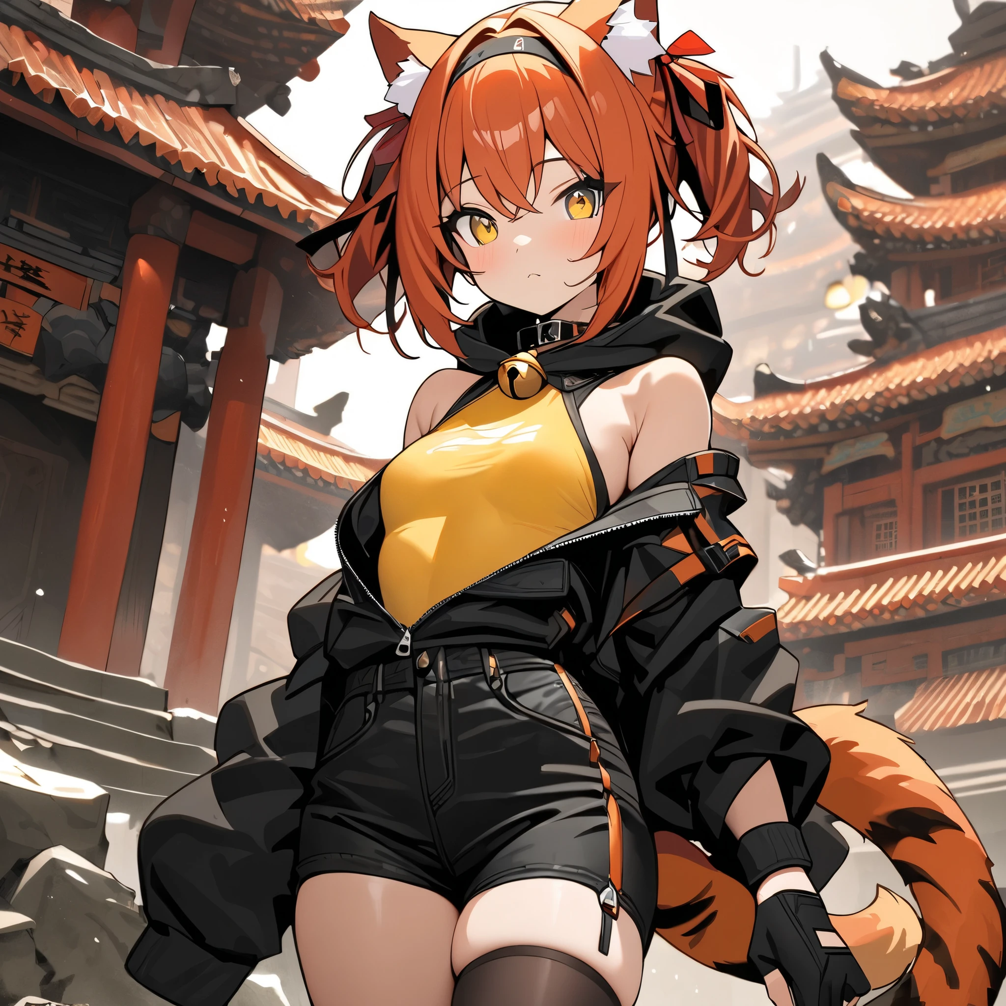 Masterpiece, High quality, Best quality, Live2D, Clear face, modern design, solo woman, Female, nekomata, cat girl, head, cat ears, animal ears, animal ear fluff, two tails, tiger stripes tail, Short hair, Twin tail hairstyle, Orange hair, red hair ribbon, Bright Yellow eyes, small breasts, neck bell, hairband, detached sleeves, black thighhighs, Yellow leotard, leotard under clothes, black clothes, wide collar, hood down, black shorts, red hair ribbon, black gloves, fingerless gloves, Chinese temple, Ancient ruins.