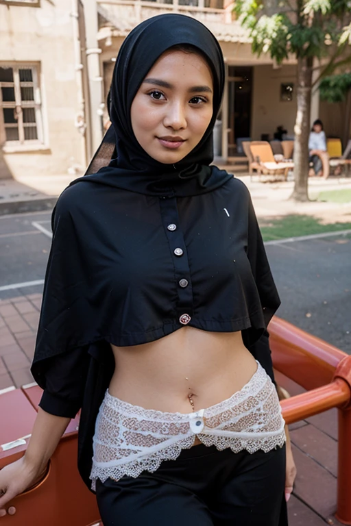 malaysian girl, 12 years old, wearing jilbab, cute, adorable, baby face, in playground, small breast, small nipples, flat chest, flat stomach, shy expression