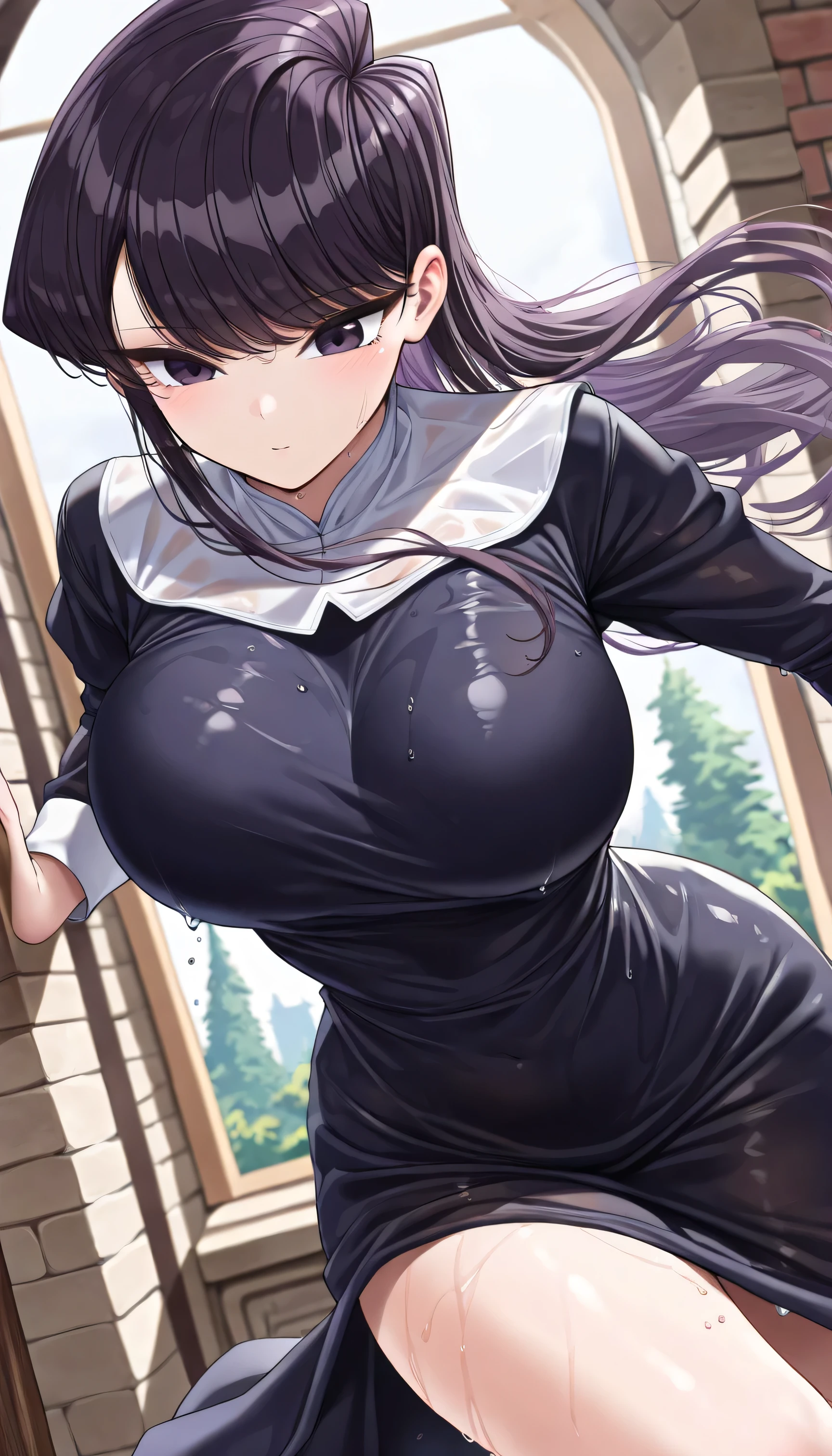charm,Sexy,Married woman,black hair,blush,Shy,Lipstick,Wear earrings on one side,stockings,Huge Breasts,cleavage,Shy,cloudy day,rain,Soaked all over,PARKING LOT,Black lace,Black lace,stockings,side braid