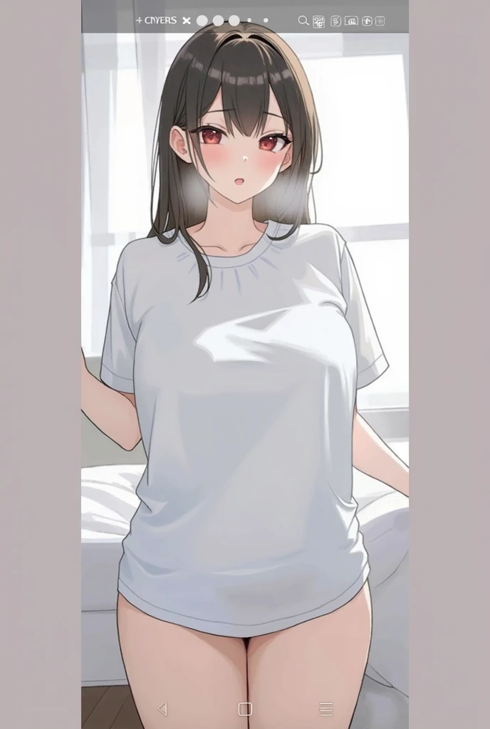 black hair, parted bangs, medium hair, long hair, brown eyes, plain white shirt, oversized shirt, thighs, lodge
BREAK mature female
<lora:t8jun-14:1>