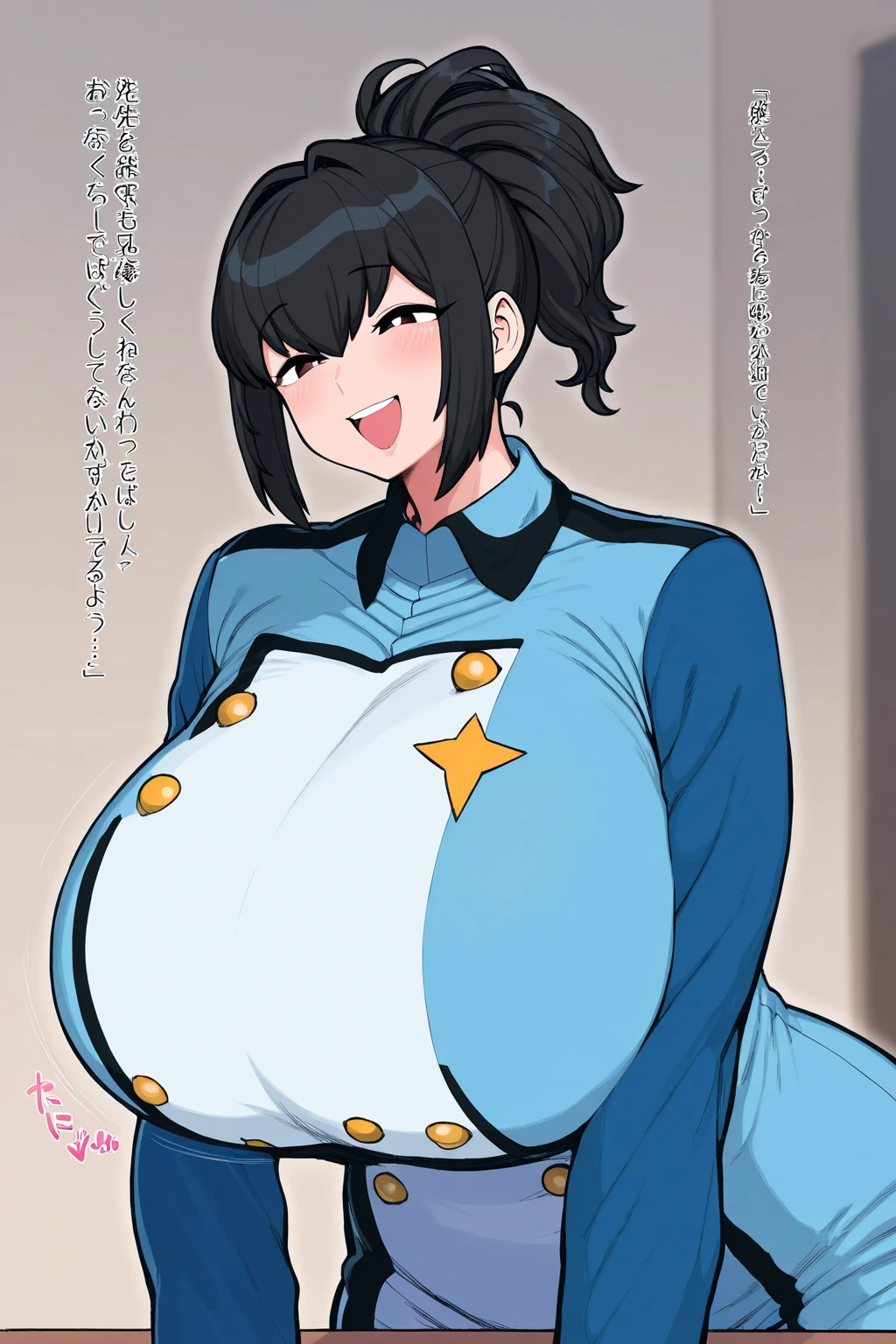 (( close、16k、highest quality、Attention to だetail、Rich skin detail, nsfw、Muscular)),Police hat、((((Swollen nipples、Huge breasts))))、(Navy Blue Leotard),(Yellow Eyes)、((Bobcut))、((Black Hair))、(Beautiful Eyes),((Right hand salute、Left hand on hip))、((Sweat、Wet))、 ((blush))、(Wide ass、Thick thighs)、((((Embarrassing))))、:d、((In town))
