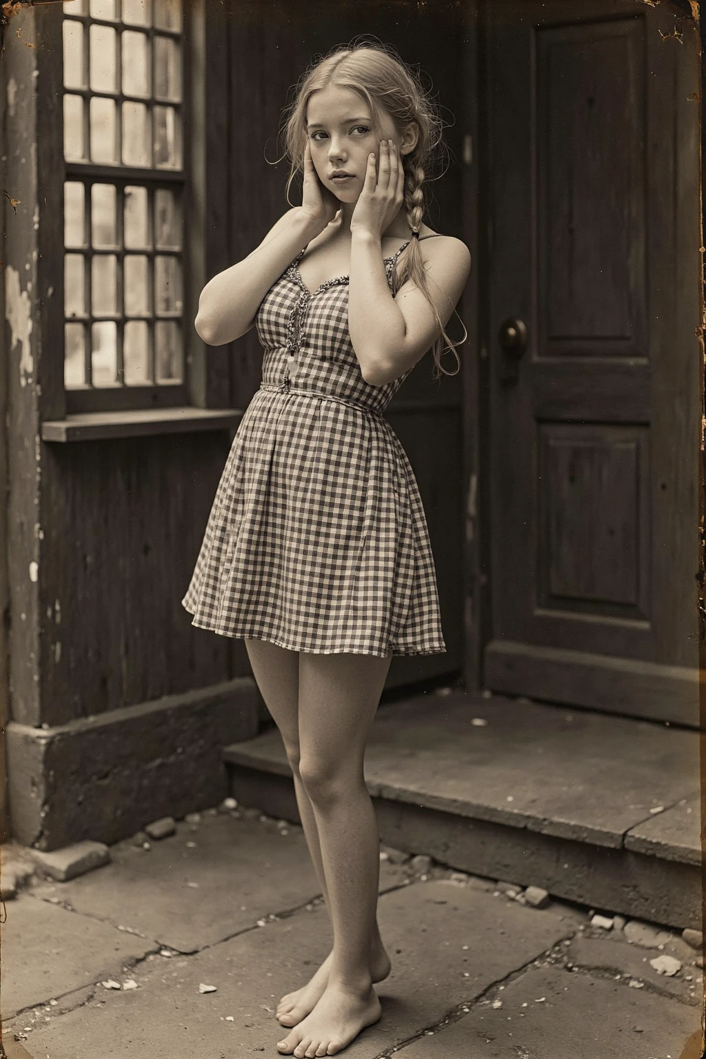 Countryside Egerman, 1940. war clothes, poor, street, ((((18-year-old)) Susan Pevensie)). ((((casual girl clothings from the 1940s)))), ((dark hairstyle of the 1940s)), titts, longerie, naked, war girl, skirt, stockings, lifting up skirt