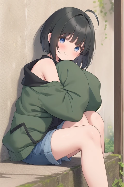 NSFW,Aarinko、short hair、Black Hair、Bobcut,Turtleneck sweater,Shorts,Knee-high socks,Embarrassed,blush,(Perfect hands),(Perfect Anatomy),(masterpiece),(highest quality),Looking up,Lonely look,Department Wah Street,Window Shopping,looking at the camera,Look Up