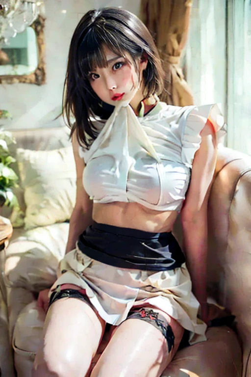 Studio white background. Villain played by Japanese teenager (Wavy Bob, Black Hair), Dressed as a villain (Red sheer skirt, boots), Are standing, Holding a whip 、((Spread your legs and hold your thighs with both hands:1.5))、