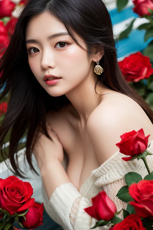 masterpiece、Highest quality、Detailed_skin、Detailed_hair、(Very large_breasts:1.5)、Lots of red roses_background:1.5、black_hair、sexy_lingerie、Cinematic:1.35、