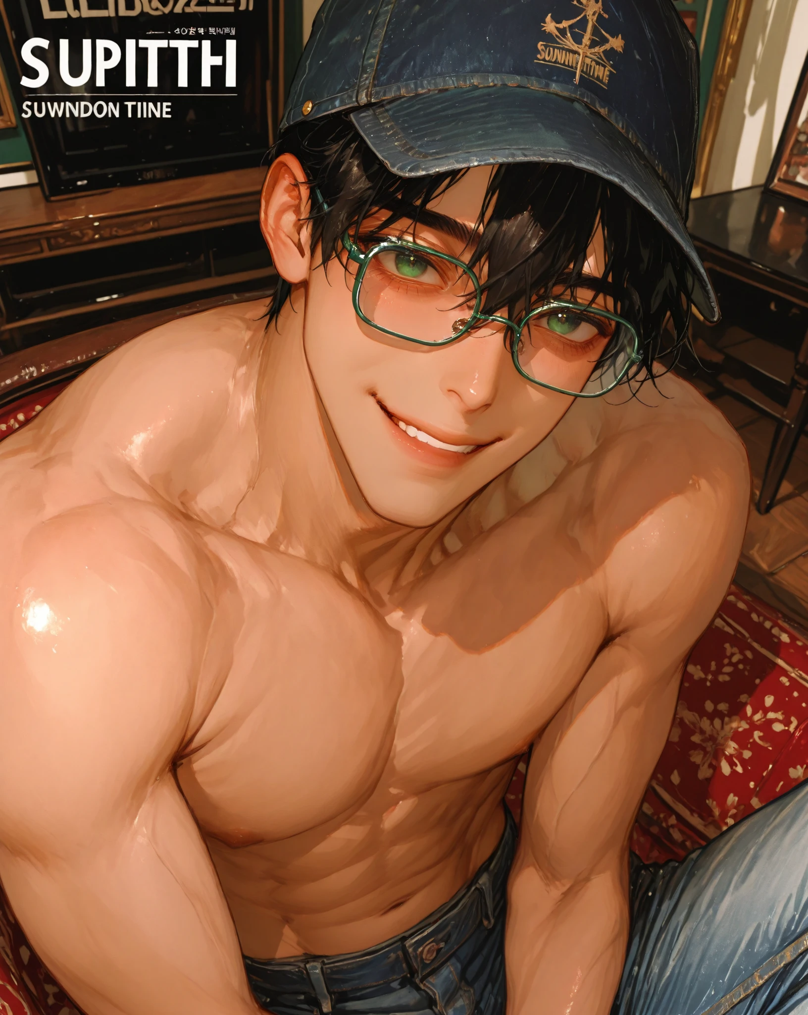 Handsome male, soft features, dark blue hair, curly hair, short hair, yellow eyes innocent look, doe eyes, black shirt, navy blue pants, sitting on bed, detailed hands, twink, thick framed blue glasses