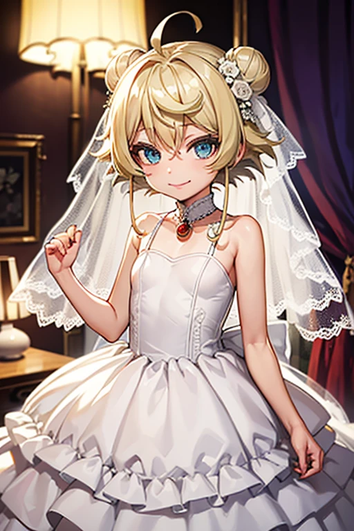 by yoneyama mai by James Gilleard,(1girl,20 years old,mature female),blonde hair,long hair,white dress, sleeveless, bow tie,  shoulders,smile,cleavage,pantyhose,best lighting and shadow, amazing quality, very beautiful color, delicate face, cinematic lighting, by sage joh