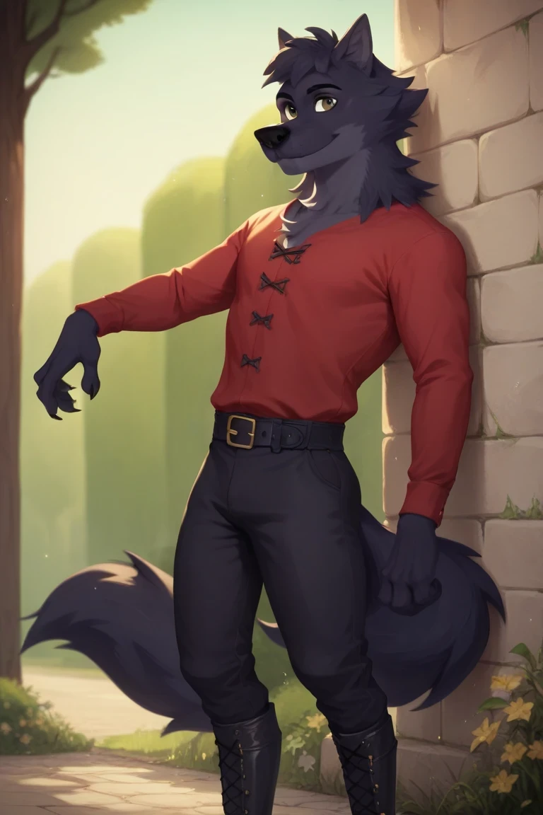 Lupin, black fur, wolf, male, brown eyes, red tunic, long sleeves, Black pants, black medieval boots, black belt,semi-anthro, solo