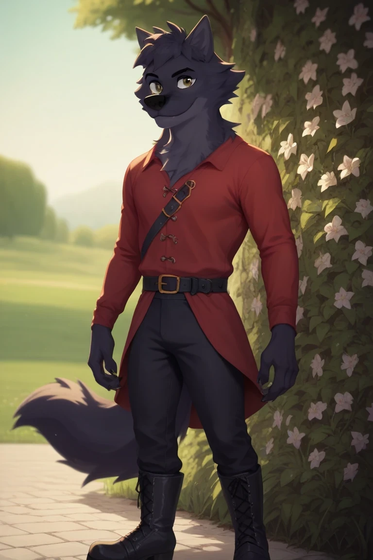 Lupin, black fur, wolf, male, brown eyes, red tunic, long sleeves, Black pants, black medieval boots, black belt,semi-anthro, solo
