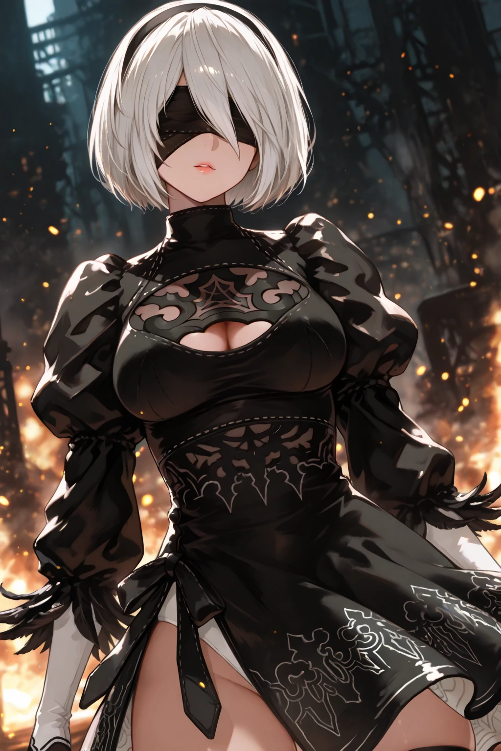 90s Cartoon art style, girl, source_anime, 2b,yorha no. 2 type b,short hair,white hair,hairband,mole,black hairband,mole under mouth,blindfold,covered eyes,black blindfold,
gloves,long sleeves,dress,puffy sleeves,black dress,clothing cutout,cleavage cutout,juliet sleeves,feather-trimmed sleeves,
outdoors,wasteland,
solo,dutch angle,looking at viewer,cowboy shot, best quality, masterpiece, very aesthetic, perfect composition, intricate details, ultra-detailed