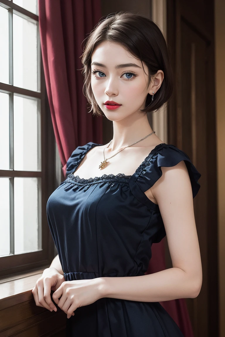 (absurdres, RAW photo, extremely delicate and beautiful, masterpiece, Best Quality, ultra high resolution, 32k, hyperrealistic, ultra-detailed, perfect anatomy, anatomically correct:1.2), perfect figure, Perfect Style, Perfect balance, super Detailed skin, in her 30s, very Slim body, narrow waist, very small head, very small face, delicate facial features, handsome detailed woman, very detailed eyes and face, realistic face proportions, Realistic beautiful face, Realistic beautiful eyes, tearful mole, earring, very huge round tits, (full body shot:1.2), (whole legs:1.2), medium hair, dark blonde hair, asymmetrical hair, indoor, (collared navy button shirt dress:1.2), (sleeveless:1.2),