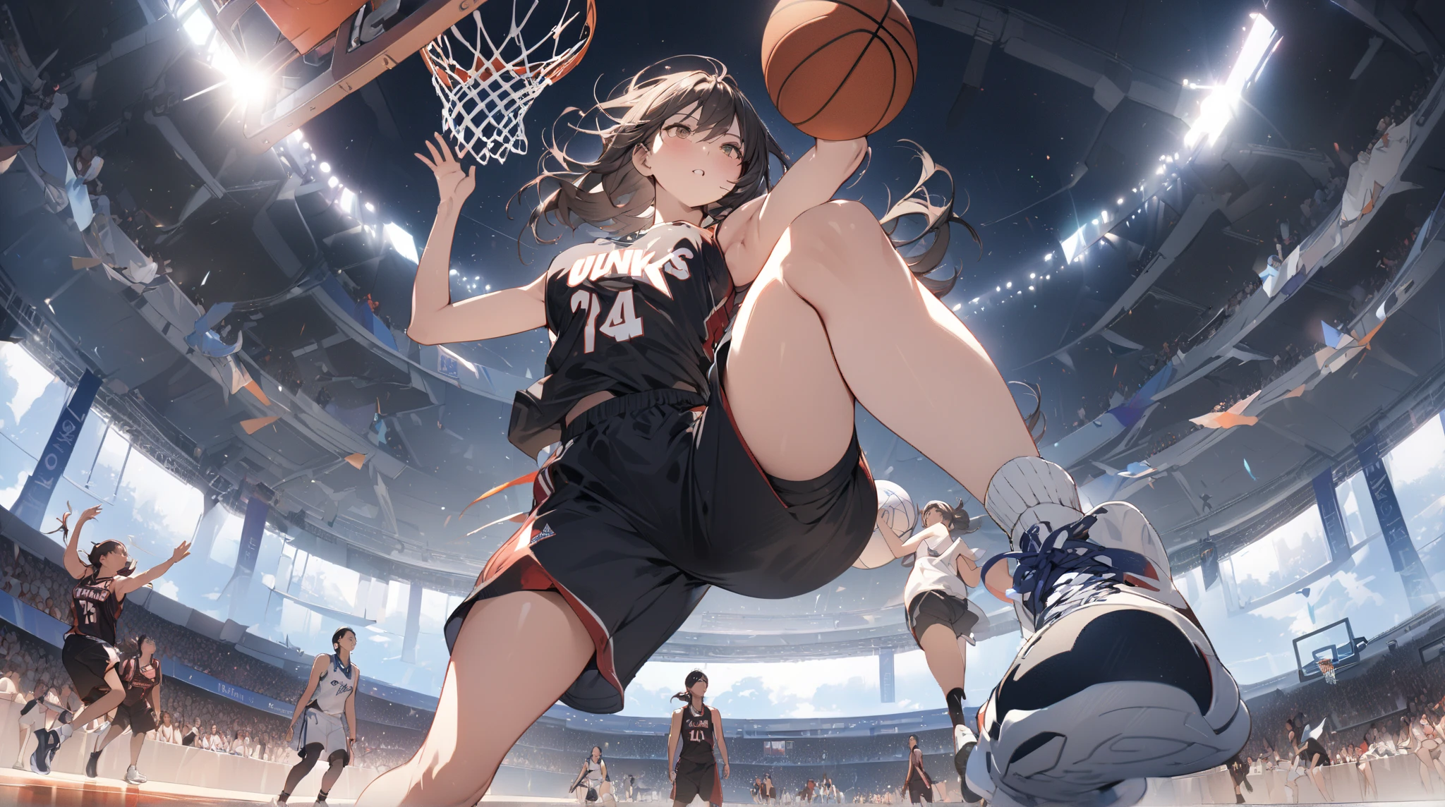 ((masterpiece, Highest quality, High resolution)), ((Highly detailed CG integrated 8K wallpaper)), Female Basketball Player, Make a powerful dunk, View from below, dynamic sports photography,Black knee-high socks