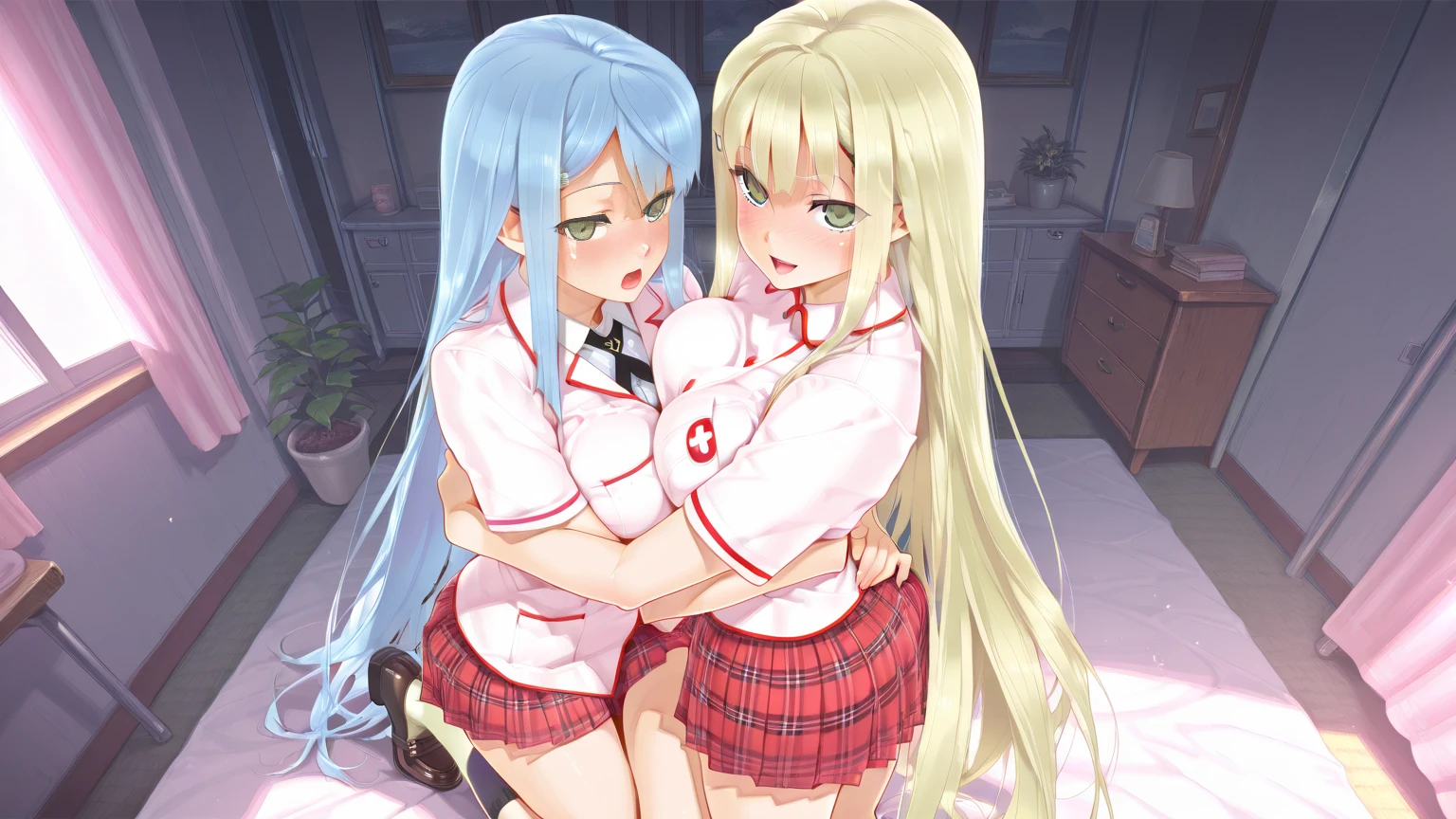 NSFW,masterpiece,Highest quality,High resolution,Very detailed,Joan of Arc Horta Santa Lily\(Fate/grandorder\),Gray Hair,Headpiece,Golden Eyes,Small breasts,school uniform,Dress shirt,ribbon,Checked mini skirt,Knee socks,Nightlife,Love Hotel,Sugar Daddy,Slut,transformation,(Middle-aged men),Hug a man