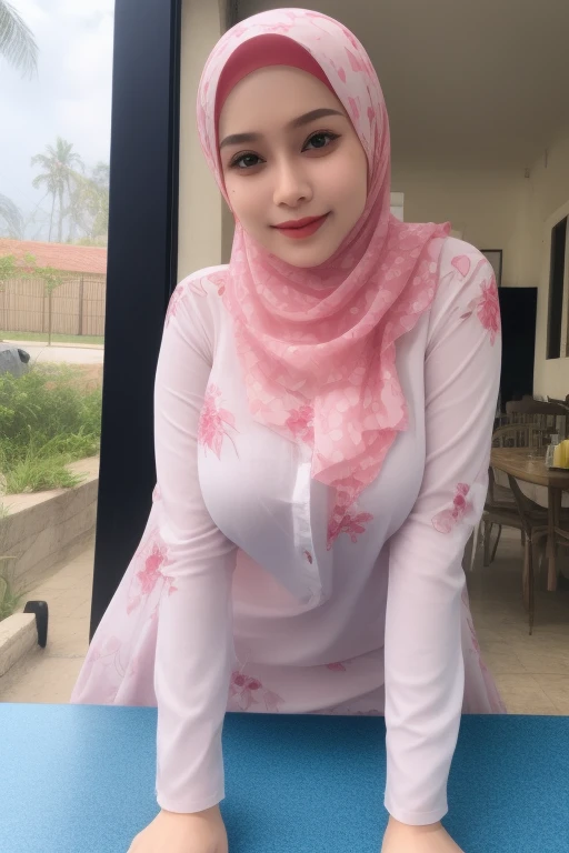 Chubby adorable, 1 girl, (face to face), 10 years old, baby face, happy, half body portrait, (face details: 1), (eye details: 1), ((big breasts)). wearing transparent transparency soft soft long shirt, hijab, .. Cute posed. proportional body. Ultra High Res. realistic: 1.4, UHD, (floral pattern), view from side seductive pose 