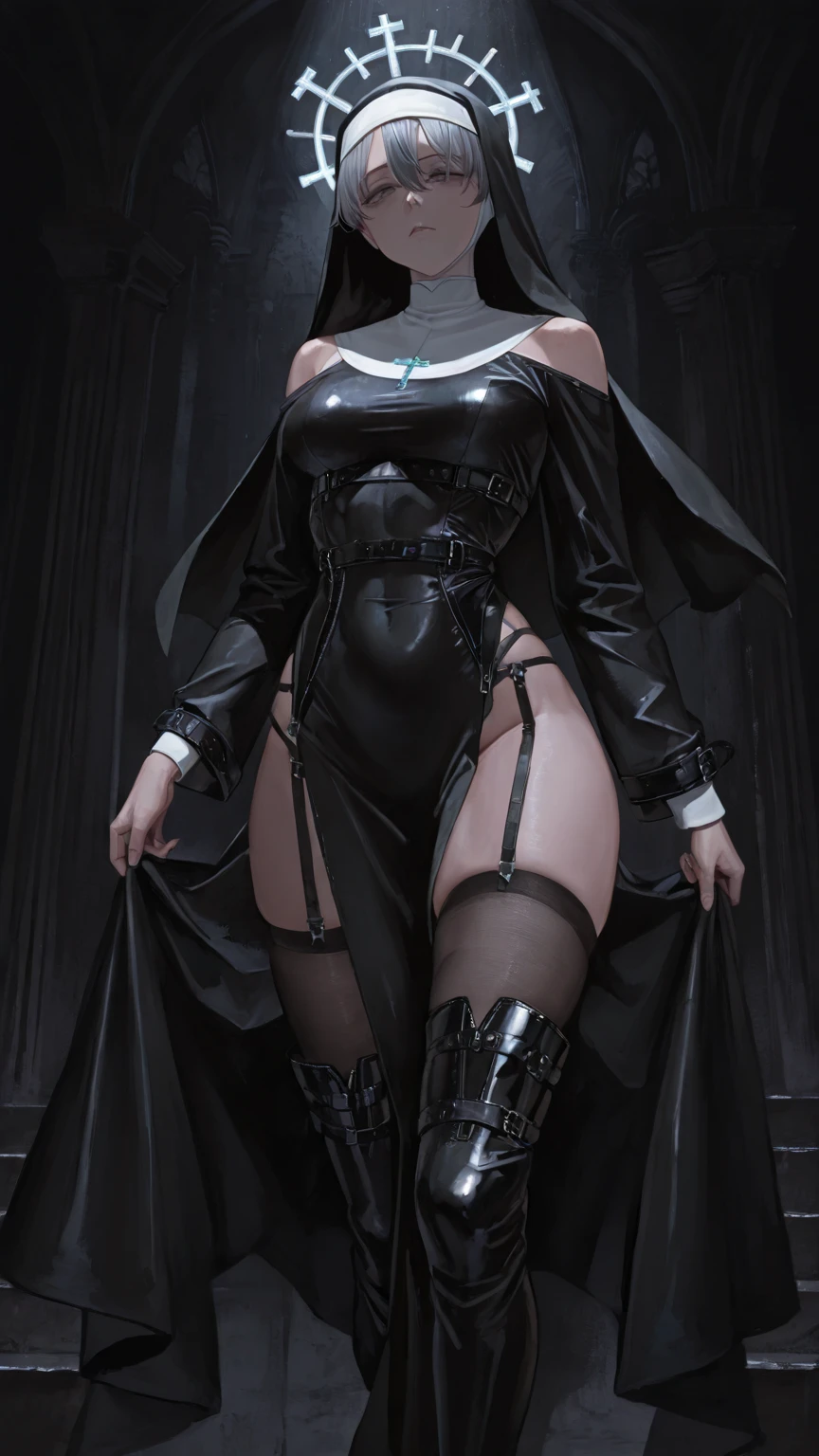 Ultra realistic girl 8 years old, childshi body , long black hair frinje , nun , melancolic face cry , lingerie thong pantie ,garterbelt long socks , Gloves , inocent , standing . Praying , dark church. Gothic stily
