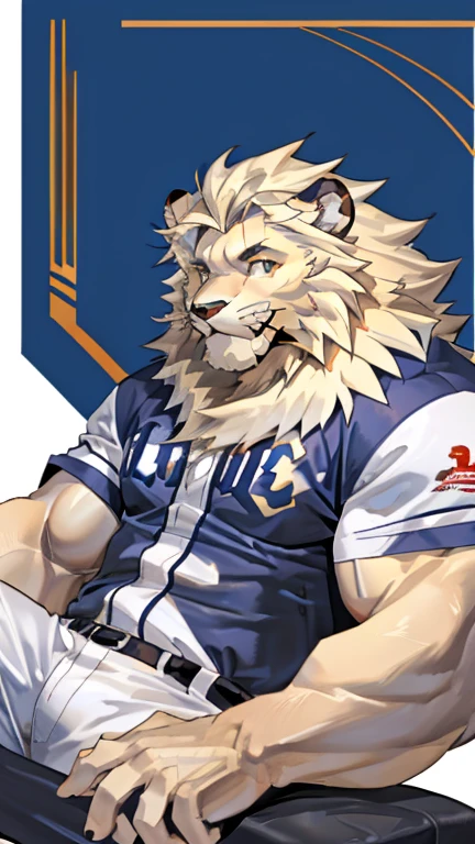 Leo seibu lions, good looking, male, anthro, ultradetailed, muscular, solo, bareness, rippling muscles, muscles, simple background, vector background, tail, smiling, lying, open legs, baseball uniform, poster,by takahirosi