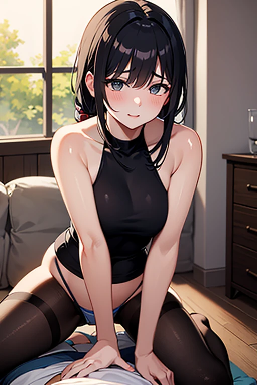 Mature、Black hair straight、short hair、Remove eye highlights、Blushing、Open your mouth、Spread your legs、Miniskirt、Tank top、Show your breasts