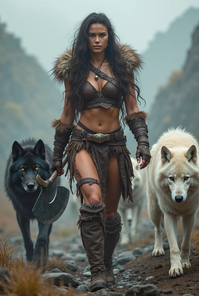 a viking sorceress, wearing animal furs, revealing 
clothes, full body view,  sophisticated long braids, gray wolf, intense gaze, glowing red eyes, casting a spell at the viewer, (best quality,4k,8k,highres,masterpiece:1.2),ultra-detailed,(realistic,photorealistic,photo-realistic:1.37),digital painting,cinematic lighting,dramatic colors,fantasy art,highly detailed face and eyes,intricate details