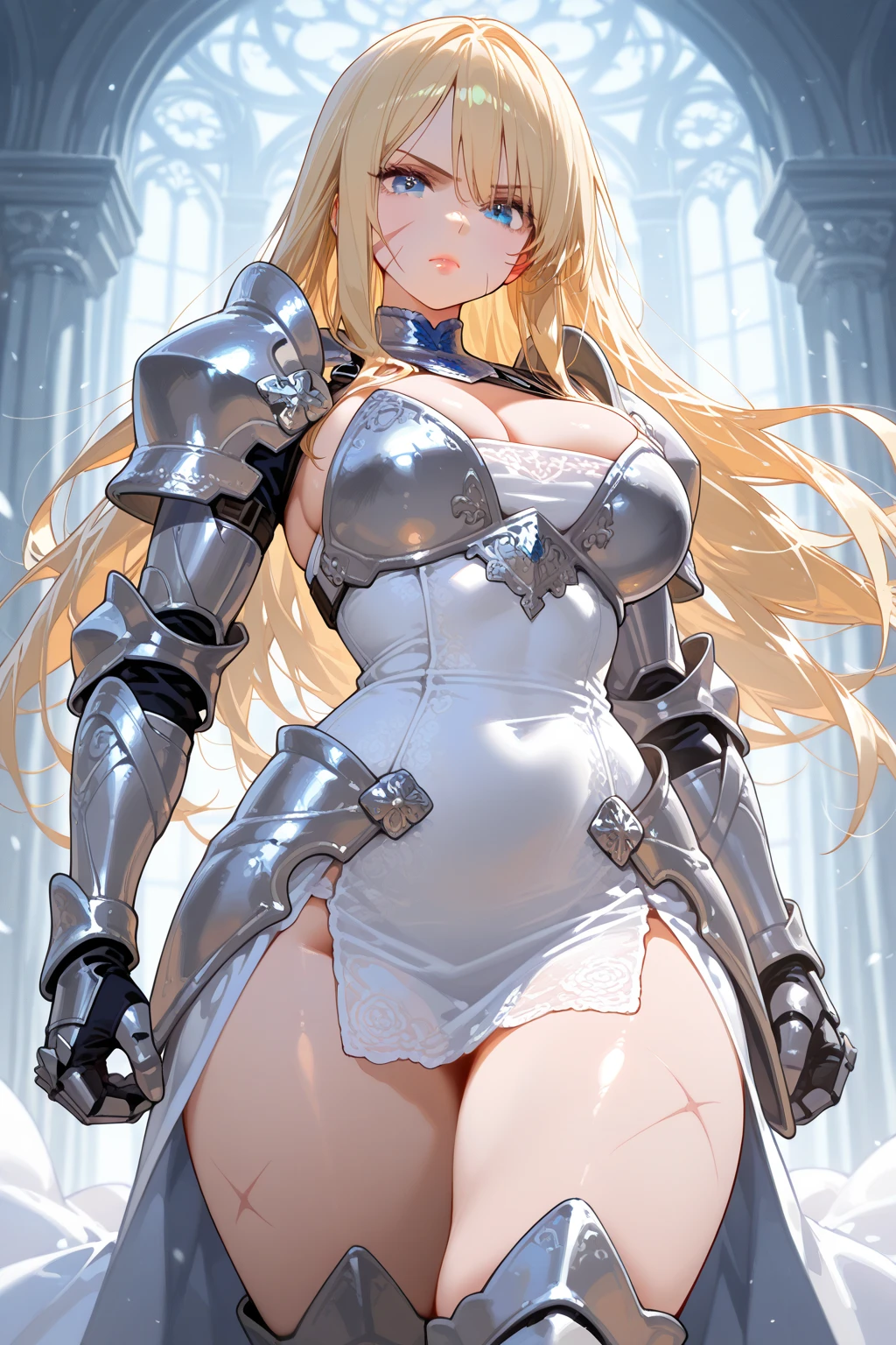 Very detailed、Highest quality、Best image quality、masterpiece、8k、(shoulder-length blonde hair:1.5、Medium Long Hair)、(smile、Open Mouth) 、(Hilarious)、(Big eyes)、(Beautiful and shining eyes)、(Detailed anime eyes)、(Puffy eyes)、(Big Breasts:1.8、necklace)、((SFW Huge Body:1.3))、(knight armor、Wearing white bikini armor:1.5、High leg leotard、Arm Armor、Leg armor:1.5、armor on the waist:1.5、Waist belt:1.5、Put on a helmet:1.5)、(Cowboy Shot)