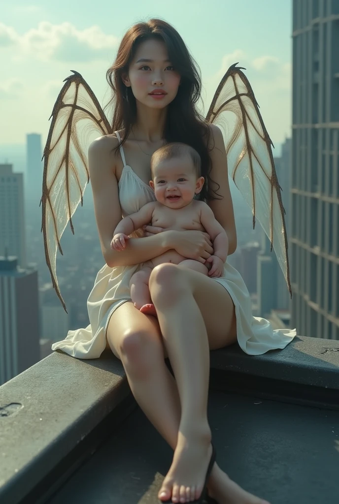 A naked Angel holding a leash and being carried by a demon on a leash