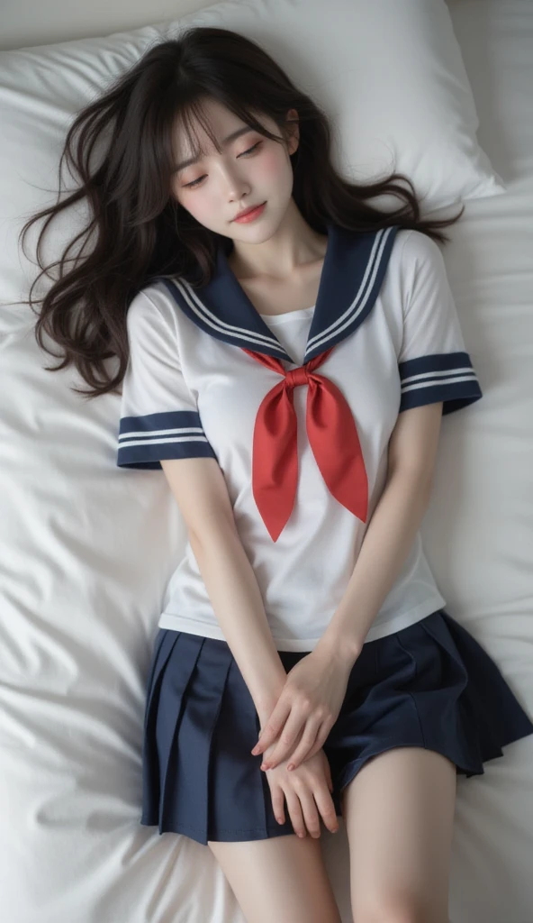 Japanese women Black Hair Long Hair bed In a sailor school uniform Blindfolded, hands and feet tied with rope Bird View (Full Body:1.4) Bright room (White panties visible through the skirt:1.1) Lie