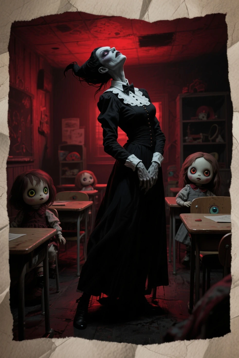 <lora:luts:.8> japanese horror girl, doll, sitting on a shelf, scary, menacing, pale, long black straight hair, black stained white dress, full body shot, creepy, eerie vibe, CCTV, <lora:insanevoid2:0.9>, <lora:Tinkywinky:.8> Tinkywinky