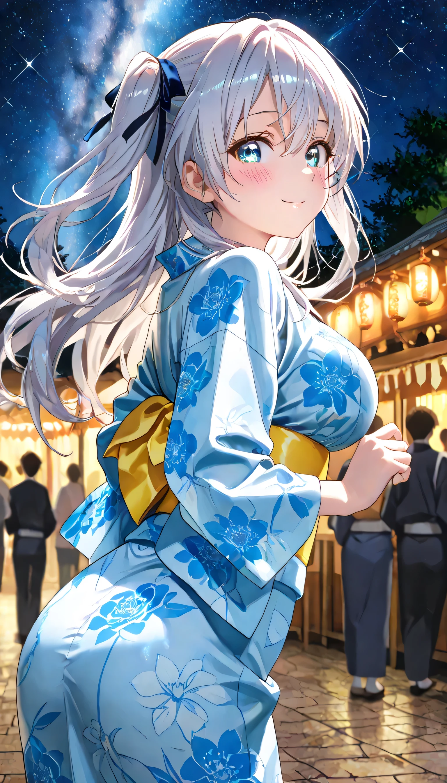 (ultra-detailed)), (highly detailed CG illustration), (best quality:1.2), ultra-highly detailed, colorful composition, artistic photoshoot, 1girl, solo focus, upper body:1.3, moe anime character, girls, round face, rounded chin:1.2, short stature, blue eyes:1.3, sagging eyes:1.3, silver hair:1.3, long hair, two side up, hair ribbon with black, ample breasts, blue yukata clotch:1.2, gentle smile:1.3, blush:1.3, Traditional Japanese wooden building streetscape background, butt focus, looking at viewer, looking back, Beautiful summer sky, crowd, outdoors, sparkle,
ultra-beautiful girl, fluttering hair, best quality, masterpiece, night:1.3, Beautiful night sky:1.3, milky way background:1.4, Sparkling star, dynamic pose, from side, expecting, pink cheek, light pink gloss slip, portrait, depth of field, soft lighting, sidelighting, moonlight, lighting, caustics, ray tracing, perfect face, lustrous skin, highly detailed face, highly detailed eyes, perfect face, perfect nose, perfect hair, perfect eyes, perfect anatomy, beautiful hair, beautiful small face, extremely detailed face, beautiful detailed eyes, beautiful clavicle, beautiful body, beautiful ample breasts, leavage, breasts squeezed together, equalize the size of the left and right breasts, beautiful thin thighs, beautiful legs, beautiful fingers, 4fingers, 1thumb, lovely, (very detailed background:1.0), (highly detailed background:1.0), summer aesthetic, intricate details, universe atmosphere, summer sky colors palette, chromatic aberration