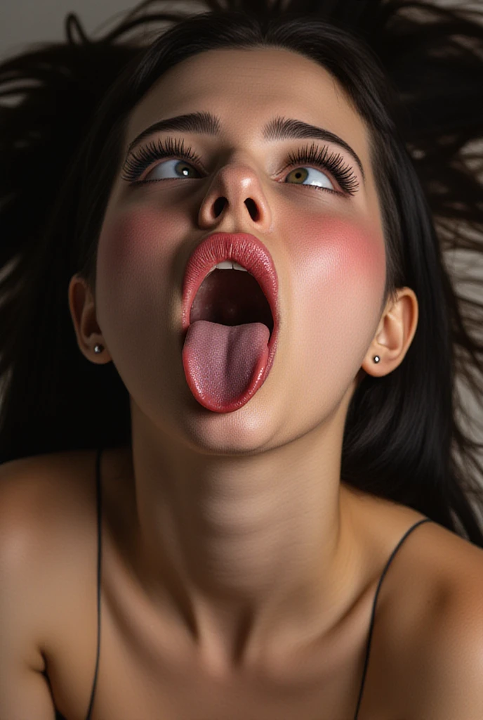 One Girl, Tabletop, - Award-winning photo, Very detailed, Keep your eyes focused, Nose and mouth,Face Focus, Woman with open mouth and closed eyes, Black camisole、Age 35,Black-haired、Symmetrical face,Realistic nostrils、Angle from below、elongated C-shaped nose,,,,,Browsing Caution,White Background、Sweaty skin、Lighting that highlights sweaty skin、(Crazy Face))Skin shiny with sweat、Shiny skin、((Glowing Skin))、Attractive body,Beautiful breasts,((Mature Woman))Beautiful breasts)Dark Gray Background,((crazy, tongue, saliva, tongue out, Drooling, Ahegao, saliva trail, long tongue, Verbal invitation))(( Are crying, tears, Are crying with eyes open, streaming tears, happy tears))(((Face close-up,front)))Sit down(((crazyな表情)))
