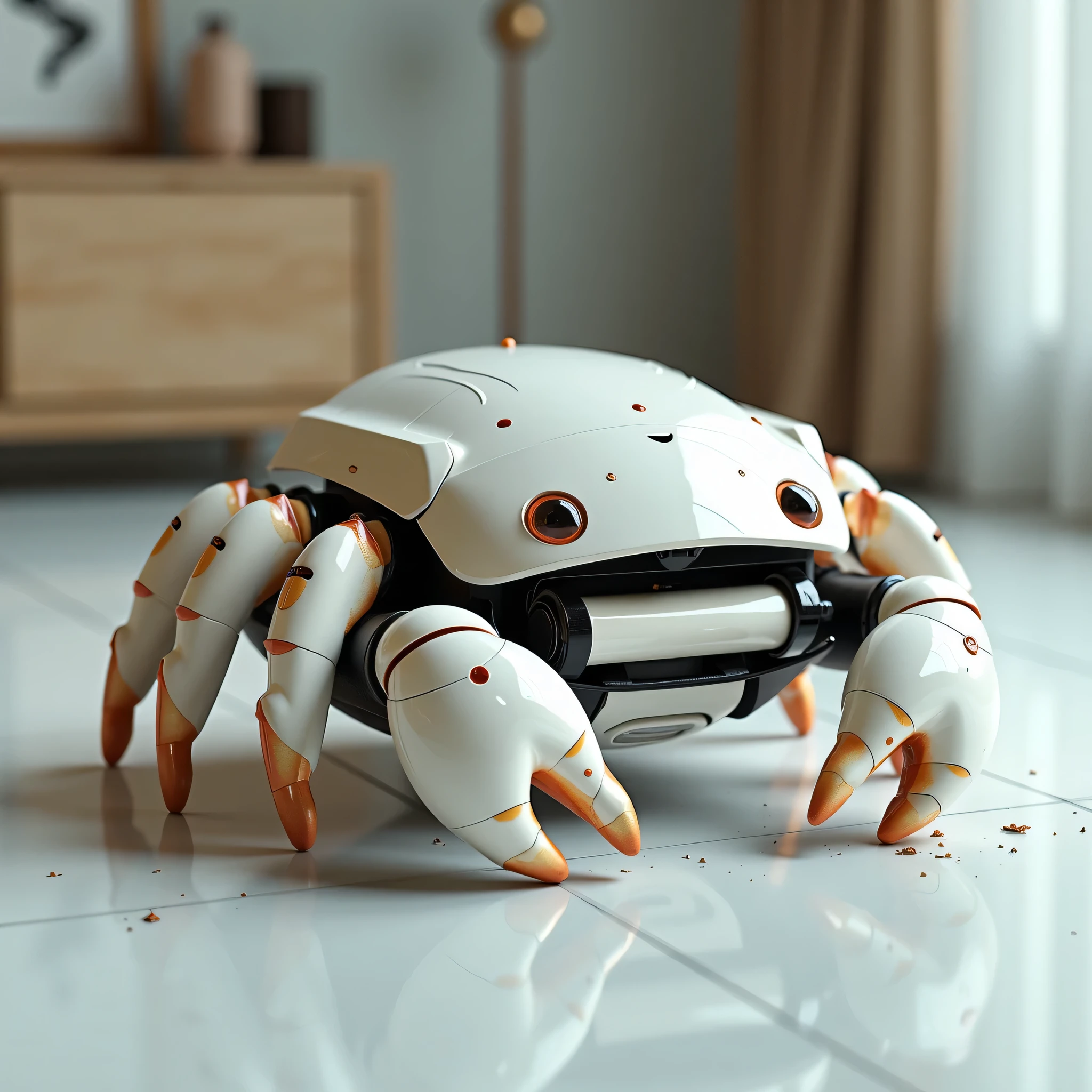 This masterpiece is、collects garbage by imitating the eating behavior of crabs {x} crabs It is a reproduction of a vacuum cleaner with the motif as a replica of the highest quality。exquisitely crafted with exquisite details、The fusion of sophisticated innovative technology and marine aesthetics stands out、its design exquisitely reflects the characteristics of crabs。The room is kept perfectly clean、The vacuum cleaner moves gracefully around the floor like a crab。The design cleverly reflects the characteristics of a crab。and the soft, subdued lighting、highlights the refined and innovative structure of the。vacuum cleaner。the suction port has a roller brush。