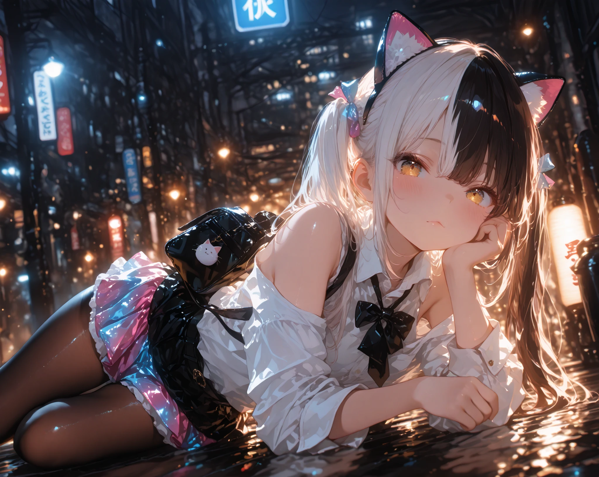 , Beauty, with cows , close up, Blushed face, Crouching, wet, Cat ears, Starry Sky, (constellation:1.3)
