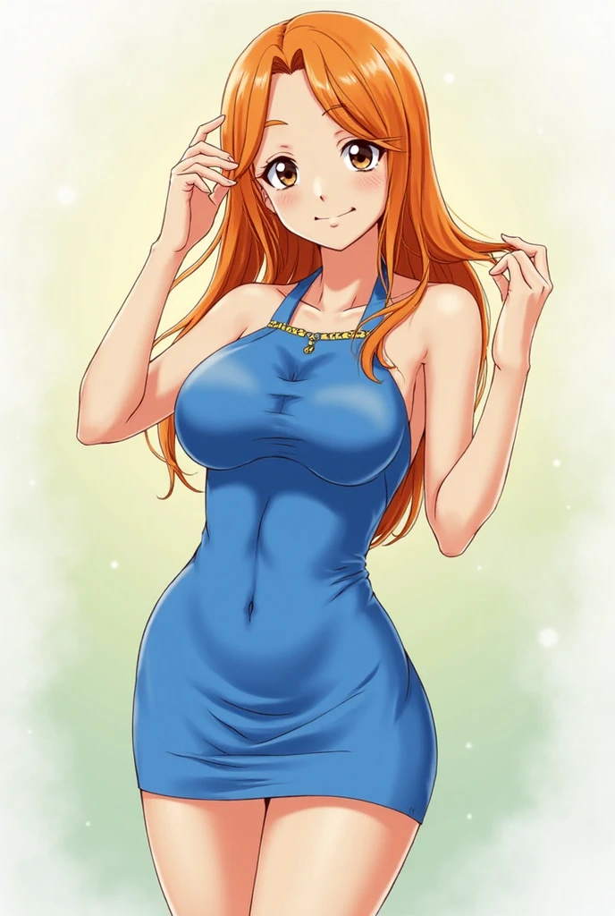 1 moca , nami onepiece de uma peça, sorrizo sensual, vestido colado e curto, de costa olhando para os espectadores, segurando os cabelos longos e laranjados, olhos castanhos, bunda, ass, corpo inteiro.