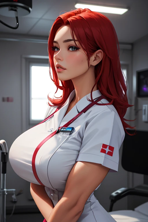 woman with glasses and a white shirt posing for a picture, cleavage, nurse girl, angelawhite, nurse, big breasts!, with large breasts, sfw huge breasts, with a large breasts, big breasts, nurse costume, breasts covered and sfw, front facing shot, close up half body shot, large breasts, open shirt, busty, up close