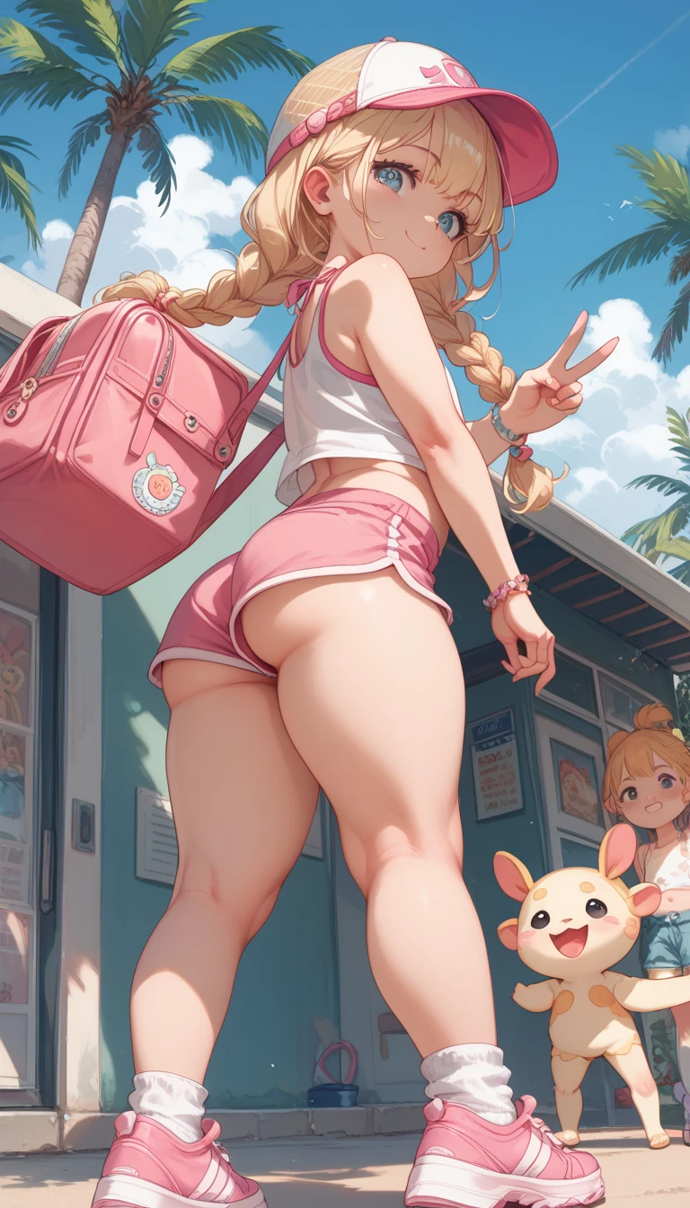 1girl, sexy horny 11yearold blonde slut is wearing slutty booty_shorts and a bikini_top and is riding a Carousel at a fair. huge ass, flat breast, looking at viewer