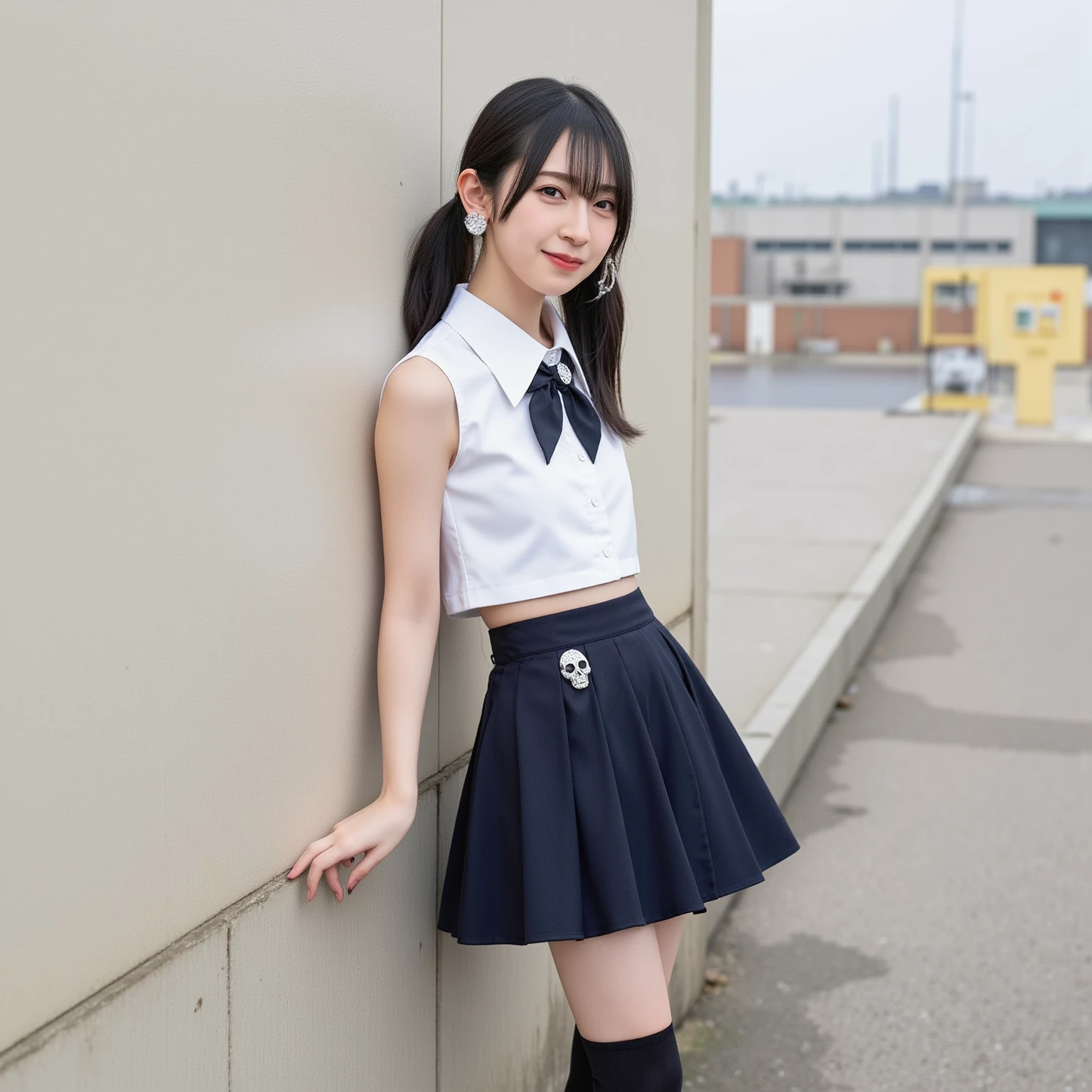 School、high school student17age、、Short black hair、Menhera、mini skirt、barefoot、Short socks、High 、Big Breasts、Chest、Sexy pose、whole body、、highest quality, figure, Very detailed, In detail, High resolution, 8k wallpaper,