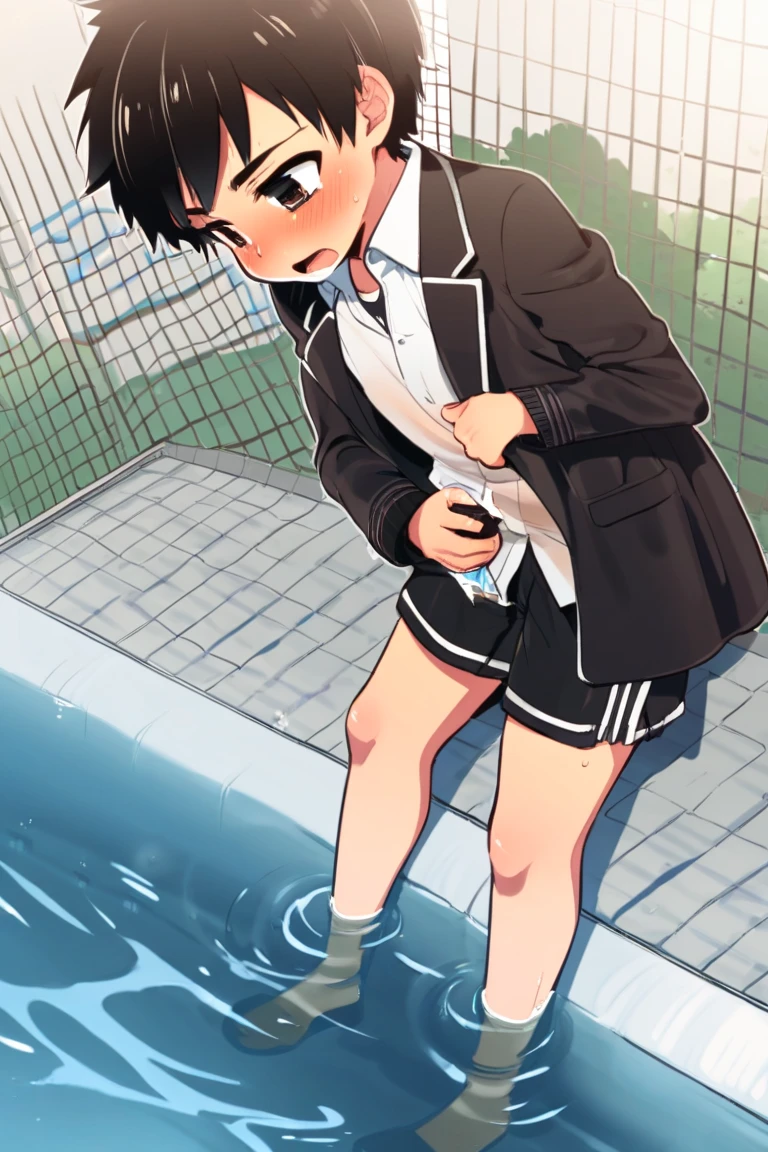 Shimamoto Sakiyu、Tall、Cute eyes、Height: 160cm、Upper grades of Japanese elementary school、Longhair brown、Basketball uniform、Black T-shirt, slightly long navy blue shorts、Active、Pee、Peeing、embarrass、outside、Wild outsideUrinating、incontinence、Urinating、Big incontinence、Big Urinating、Urinary incontinence、Urinating