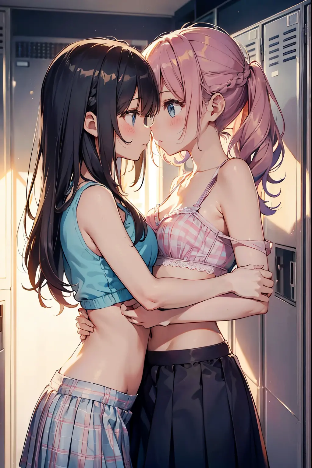 ((Two Girls)), ((Highest quality)), (Very detailed), (Very detailed CG synthesis 8k wallpaper), Realistic、Very detailed, High resolution raw color photos, Professional photography, (Kissing)、(Beautiful Big 1.2)), ((topless)), Chest Details, , (Cleavage:1.2),(Pink flower hair ornament), peanut butter brown hair, Great face and eyes, School, Crude room, Camel Toe,Not wearing a bra、Over the knee socks、Pleated skirt、Skirt Lift、Absolute area、Sheer Micro Bikini、