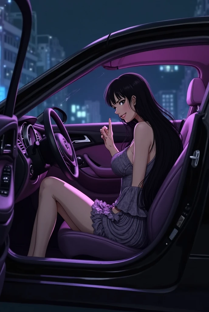 (anime:1.2),Woman with black hair, long, with bigger breasts, slender and ass. Dressed in an evening dress, sitting in a car with a notebook in hand to take notes