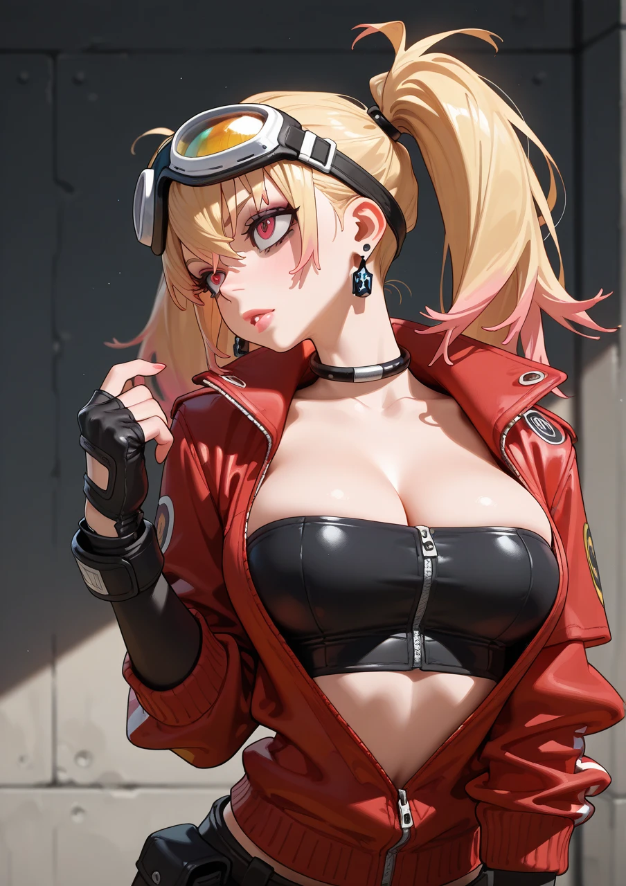 Big breasts, she is a Milf, Busty ((beautiful and cute 28 year old woman)), ((yellow hair: 1.2, straight bob with symmetrical bangs)), double eyelids, purple eyes, clear and detailed, hyper detailed, clear effect on the eyes, detailed iris, sensual body, perfect waist, ((((leather jacket, sexy strapless red cropped underneath, the wind slightly lifts the white skirt with delicate red embroidery, cleavage, panties slightly exposed)) )) , ((masterpiece, hyper realistic, hyper detailed, best quality, 16k, light and shadow on the skin, vivid colors)), eyeliner, sensual expression, perfect lips, innocent and sexy face, ((skin with light and shadow), beautifully seductive and embarrassed woman, perfect pink lips, sensual expression, mischievous smile ((she is a beautiful milf)), looking at the viewer, on the street, pose of superiority, walking through the streets of Tokyo, night full moon, stars