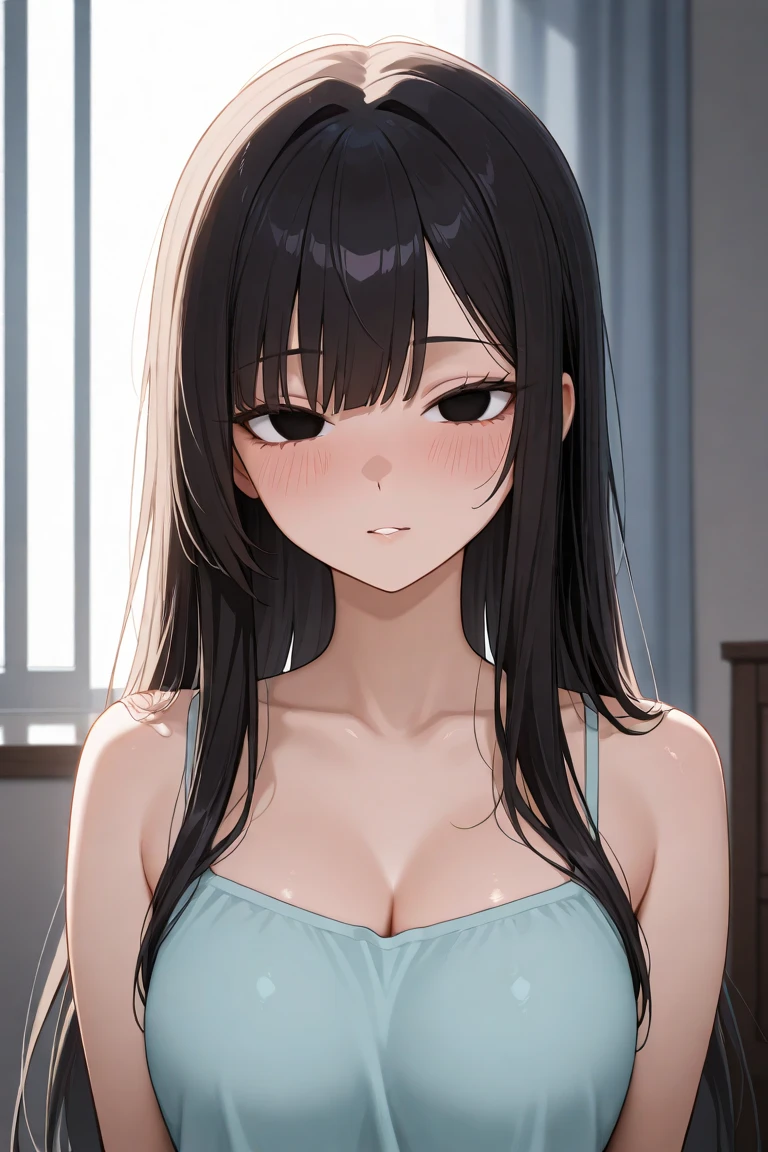 Amazing portrait of a sexy and woman with a beautiful face with seductive eyes gazing intensely at me with her soft lips parted in anticipation of a kiss which is making her blush intensely her lips are also curved in a soft smile she has her luscious black hair in a cute bun wearing a black and white striped t shirt and a dark green skirt paired with some elegant earrings her t shirt showing her medium chest and perfect body off