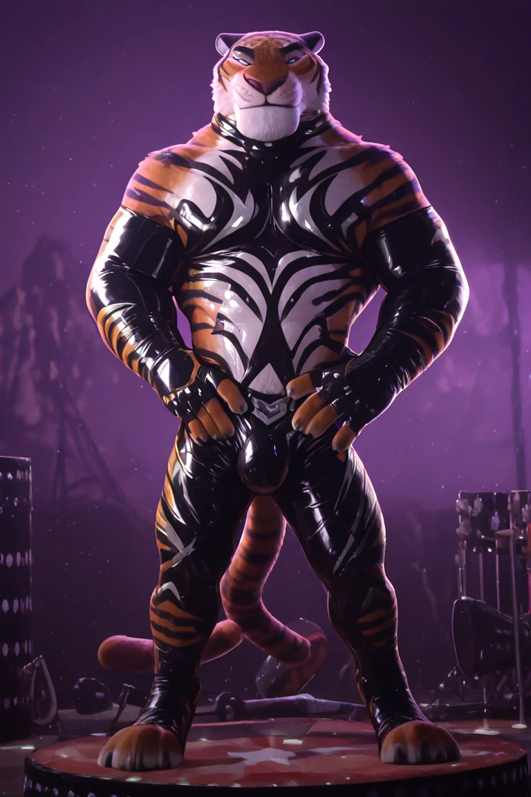 solo, male, white fur colour with black stripes, feline Bengal white tiger, fat body, wearing a (purple glossy shiny tight ballet pants, pantyhose), at a trailer park, thick bulge, low angle, by chunie, digital art
