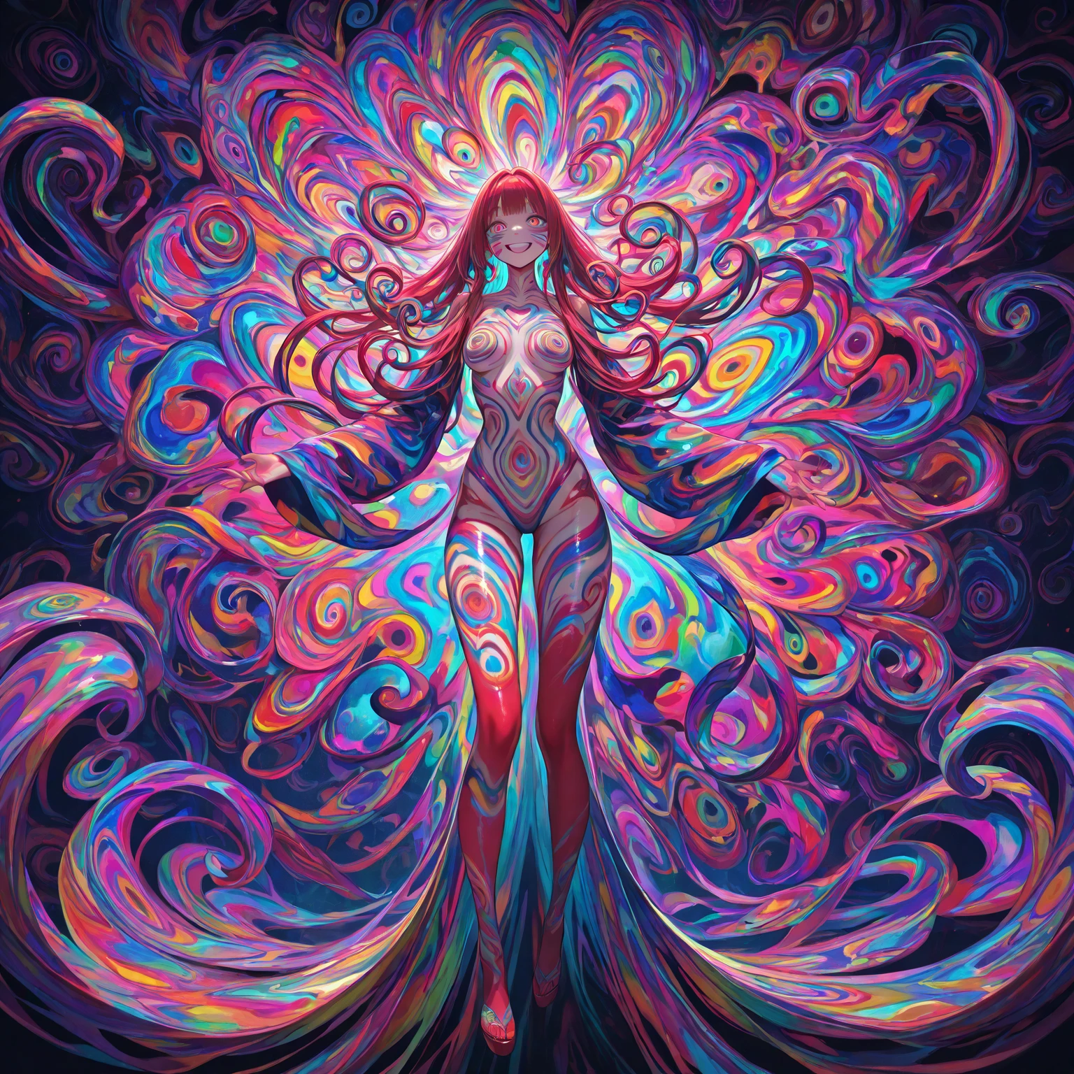(masutepiece, of the highest quality, Best Quality, Official art, Beautiful and aesthetic:1.2), (1girl in:1.3), Extremely detailed,(Fractal Art:1.2),Colorful,highest details,(Zentangle:1.2), (Dynamic Pose), (Abstract background:1.5), (Congressional Dresses:1.2), (Shiny skin), (Many colors:1.4), Upper body, Thin gauze, Off-the-shoulder, blooming flower field, Glowing skin, lightsmile, Camel toe, Sexy, Bust, nakeness,From below,Ass Up wAIT