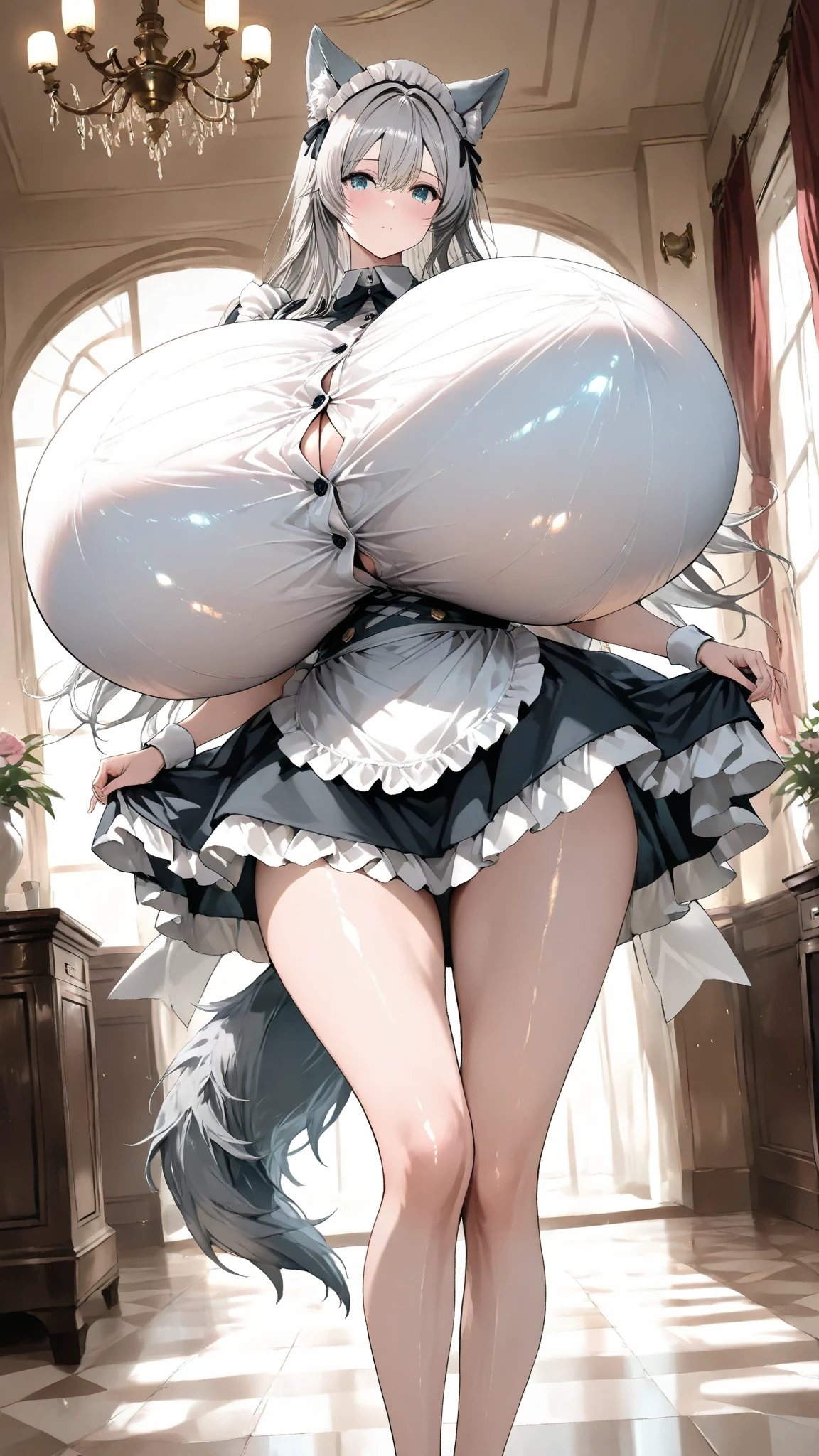 (((masterpiece))), (((best quality))), ((ultra-detailed)), (illustration), ((an extremely delicate and beautiful)), ((super detail)), ((high resolution)), (((nsfw))), ((cybernetic)), (futuristic), (seductive), (((erotic))), (((20 years old))), (pussy juice), camel toe, (maid), (android), delicate metal decorations, gleaming skin, shiny body, two legs, ((((female masturbation)))), (((hip focus))), ((tall)), slender legs, ((big round eyes)), cute eyes, drooping eyes, biopunk, ((adult)), two hands, five fingers, no extra hands, seductive smile, single side braid, shoulder length hair, ((slender)), ((metallic transparent  maid apron)), hair shorter than waist, ((from behind)), crawling, soaking wet, topless, (((ultra-huge breasts))),