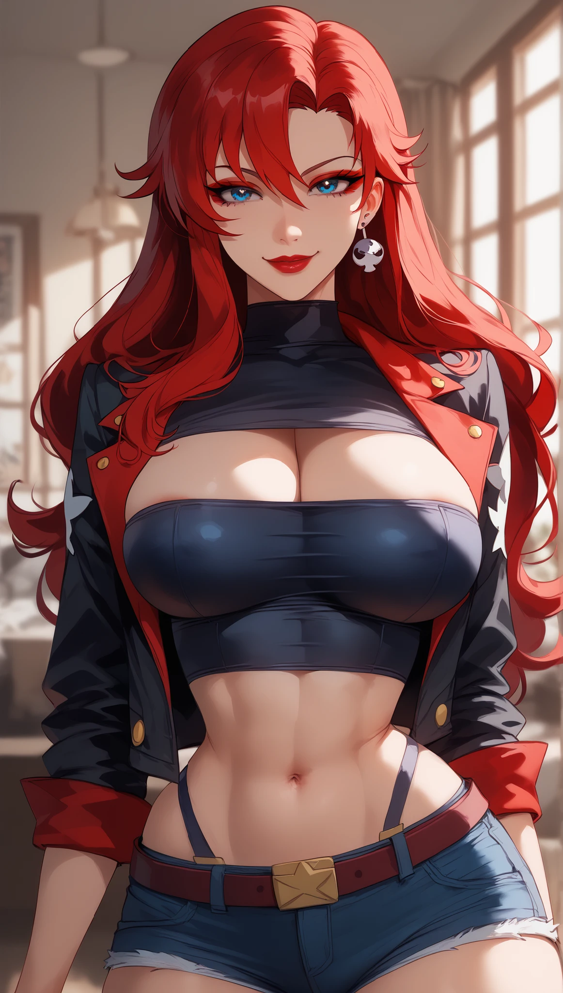 best quality,4k,8k,highres,masterpiece:1.2),ultra-detailed, extremely detailed eyes, extremely detailed body, (large masterpiece digital art), (detailed manga illustration), (detailed line art), ((perfect anatomy)), (intricate details:1.3), (ultra-detailed:1.3), (illustration:1.3), (sharp focus:1.3), (natural lighting:1.05), (vivid colors:1.3), (masterpiece), (best quality:1.4), (perfect anatomy:1.4), high quality, expressive eyes, full body, detailed face, beautiful face, perfect face, 1 girl, breasts, cleavage, gloves, large breasts, cyberpunk clothes, ultramarine jacket, very long hair, thigh length hair, ({dark skin}), dark-skinned female, detailed ((red hair)), messy hair, green eyes, gloves, jacket, hourglass physique, casual outfit, shorts, dynamic lighting, cityscape background curvy, Atey Ghailan, Jeremy Mann, Greg Manchess, Antonio Moro, trend in ArtStation, trend in CGSociety, Intricate, High Detail, Sharp focus, dramatic and photorealistic painting art by Midjourney and Greg Rutkowski, Jeff Bridges, ((cartoon style)), Marvel Cinematic Universe style, (((Boston in the background))), soft bokeh of Boston