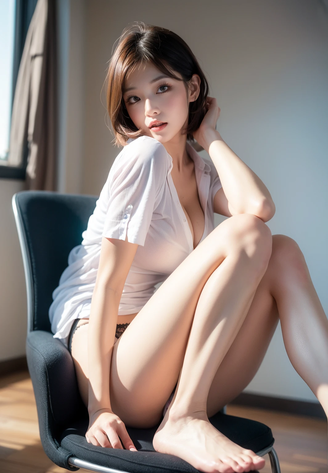 (best quality, 8k, photorealistic:1.5),(beautiful Japanese girl),((one woman)),(solo female:1.1),(one person photo:1.3),(front photo),(shiny skin),(light brown hair color),(Bend legs and open thighs:1.5),(sit on the sofa and lean back),(baby face:1.5),(big beady eyes:1.5),(droopy eyes),(impressive eyes:1.5),(cute girl),(sex appeal),(Mini thong:1.3),(Mons pubis),(raise both arms behind head:1.4),(lean back),(concrete wall),(stretch back),(open legs firmly),(healthy body),(teenager:1.2),(tight tank top:1.3),(white tank top:1.3),(Show off crotch),(1 person photo:1.5),(embarrassing:1.5),(pinup model photography:1.5),(pinup girl photography),(smile),(Navel is visible)